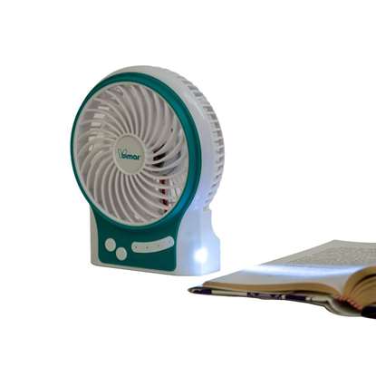 Immagine di Mini-Ventilatore di tavola VT16 verde Ø 9cm con batteria e LED luce.