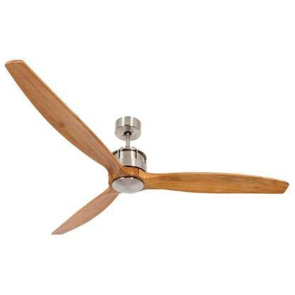 Image de Ventilateur de plafond Airfusion Akmani avec télécommande, (6 vitesses) - Marque: Lucci air - Boîtier: chrome brossé, 3 hélices en Teak - Diamètre: 152cm - DC-Moteur 36W - Mode été/hiver - Beacon Lighting.